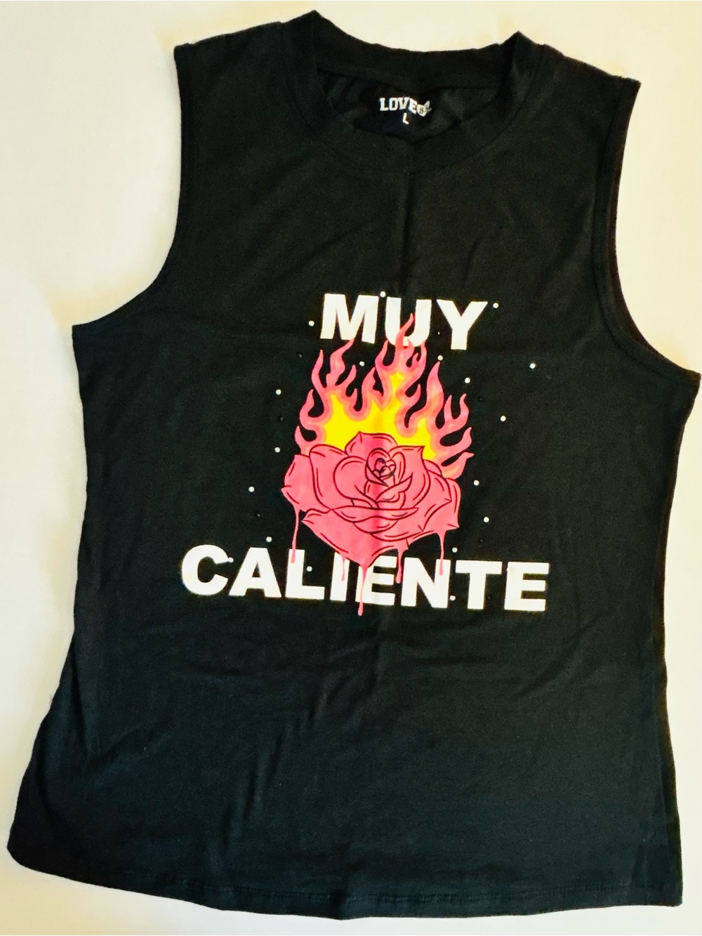 Love Black Muscle Tee with Pink Rose and Yellow Flame Graphic